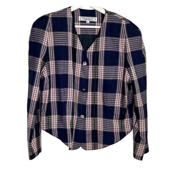 Carolina Herrera Collection II Vintage Plaid Button Up Blazer Navy/Pink 14 - Picture 1 of 10